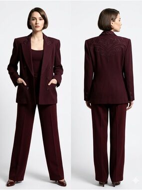 Escada Vintage Burgundy Wool Blazer Soutache Embroidered Shoulder Pads 36
